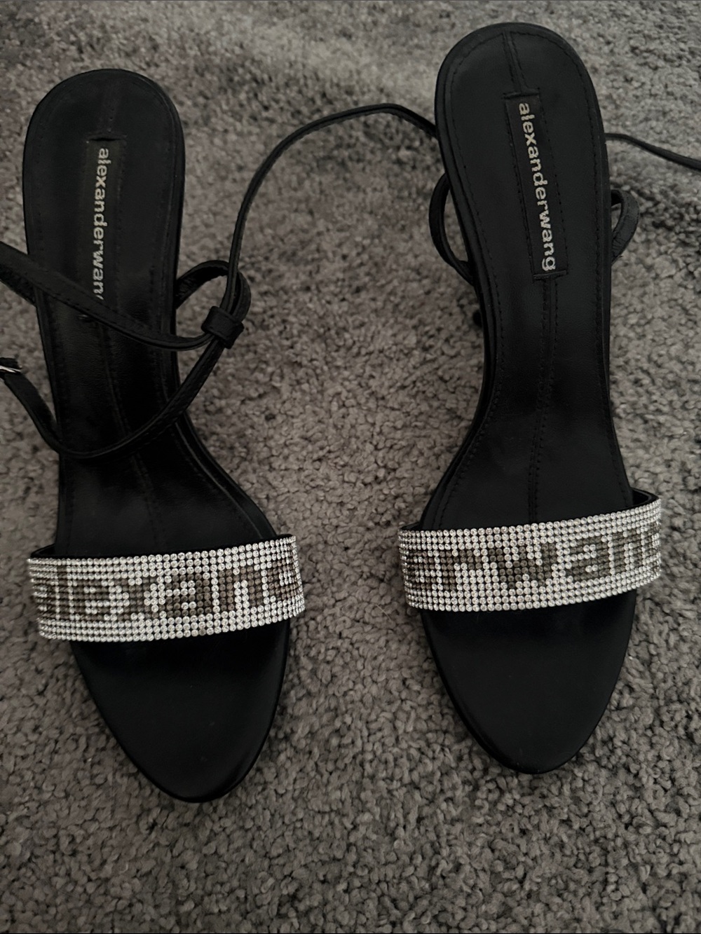 Alexander Wang Black Crystal Logo Strap Heeled Sandals